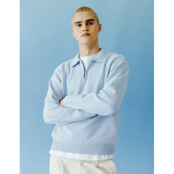 Pull col polo zippé Bleu clair