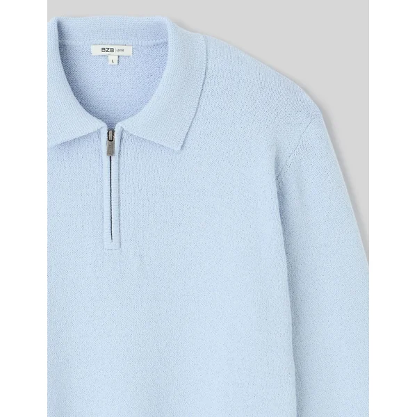 Pull col polo zippé Bleu clair