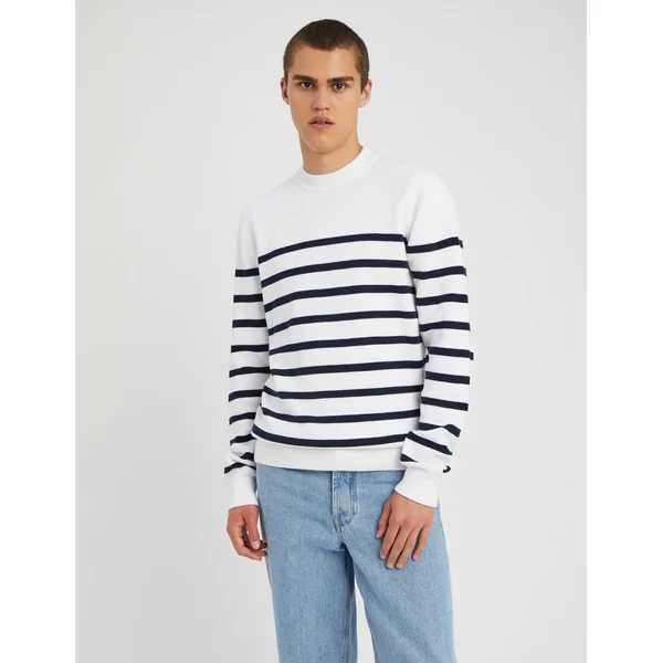 Pull col rond marinière Blanc
