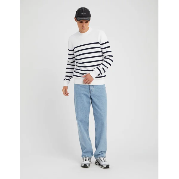 Pull col rond marinière Blanc