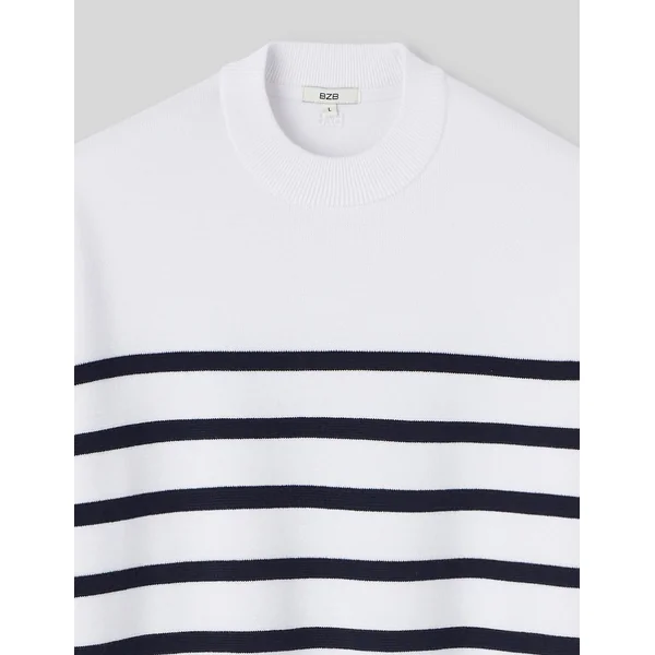 Pull col rond marinière Blanc
