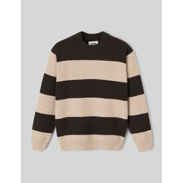 Pull col rond maxi rayures Marron foncée