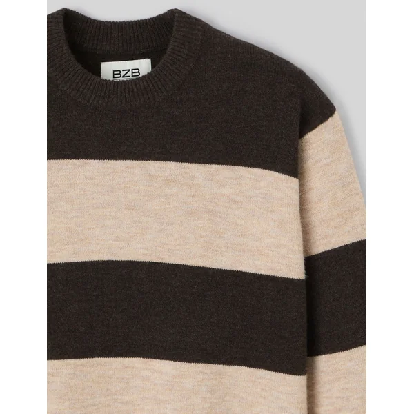Pull col rond maxi rayures Marron foncée