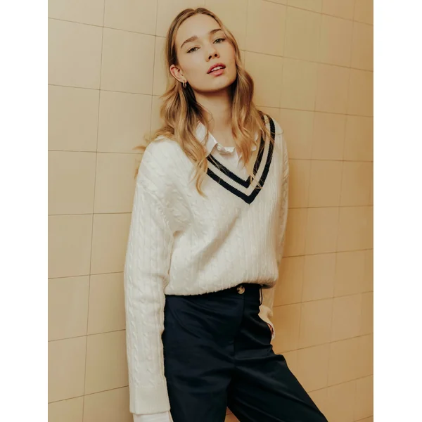 Pull col V Blanc écru