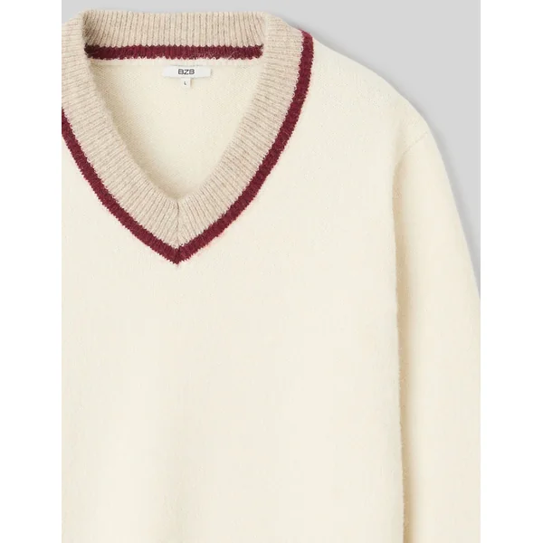 Pull col V contrasté Naturel