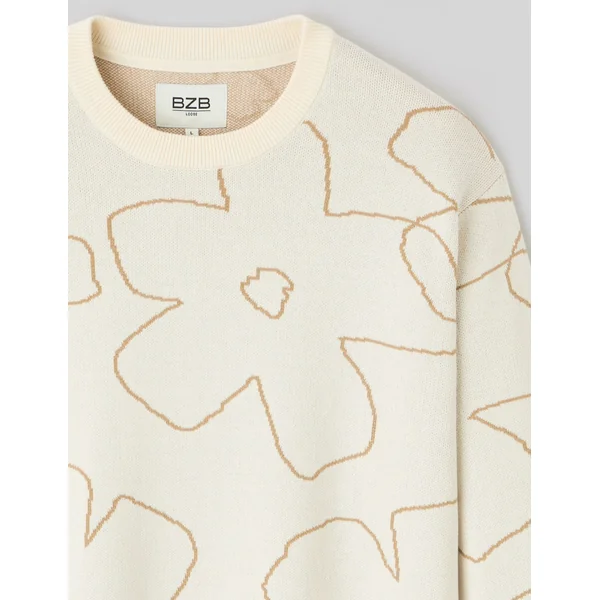 Pull jacquard fleurs Naturel