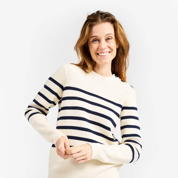 Pull marin tricoté Femme - 100 écru rayé navy