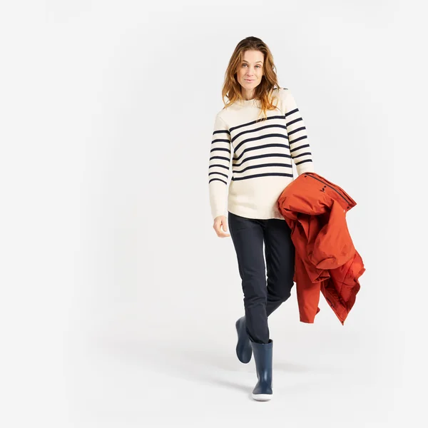 Pull marin tricoté Femme - 100 écru rayé navy