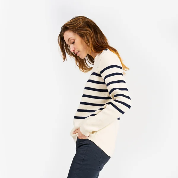 Pull marin tricoté Femme - 100 écru rayé navy
