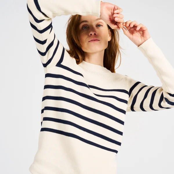 Pull marin tricoté Femme - 100 écru rayé navy