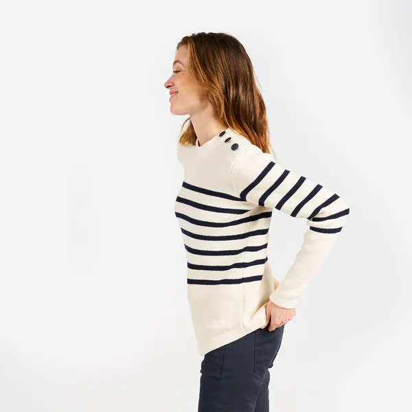 Pull marin tricoté Femme - 100 écru rayé navy