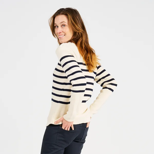 Pull marin tricoté Femme - 100 écru rayé navy