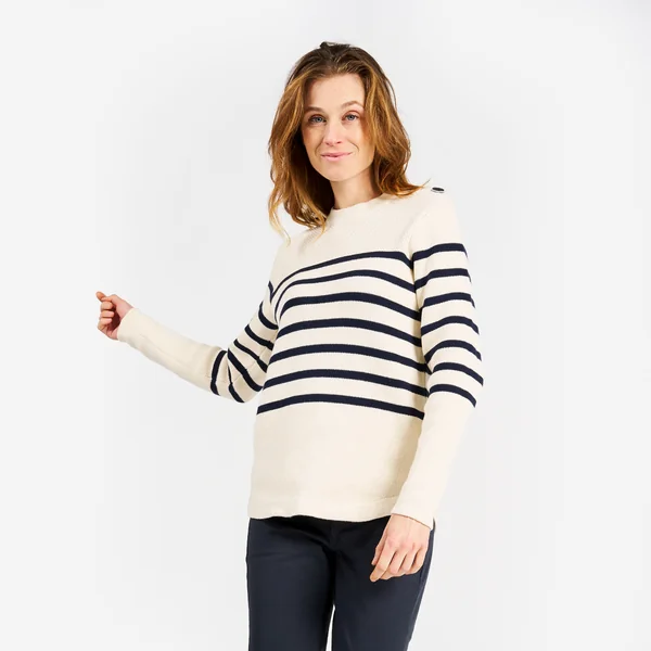 Pull marin tricoté Femme - 100 écru rayé navy