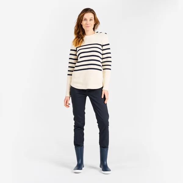 Pull marin tricoté Femme - 100 écru rayé navy
