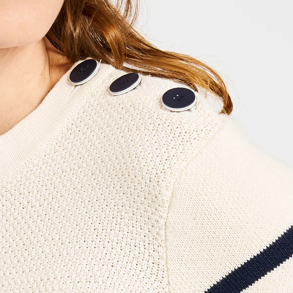 Pull marin tricoté Femme - 100 écru rayé navy