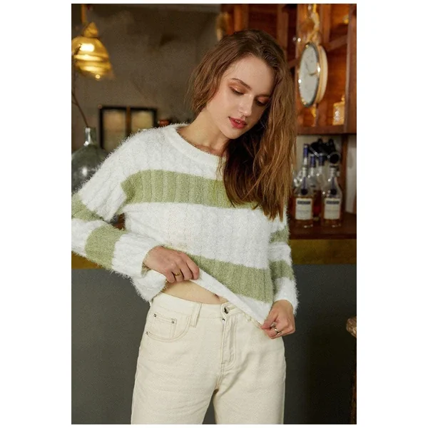Pull-Over Boho Rayure Vert et Blanc
