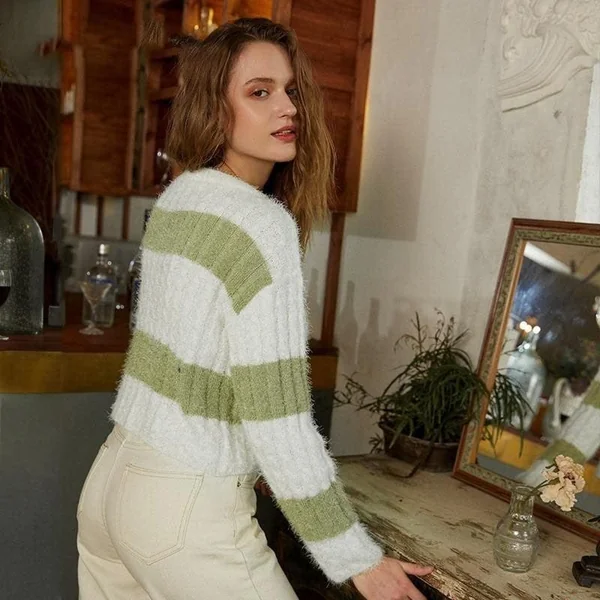Pull-Over Boho Rayure Vert et Blanc