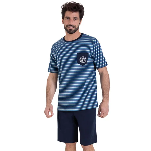 Pyjama court col rond homme Rayures Waves Athena en coton Athéna