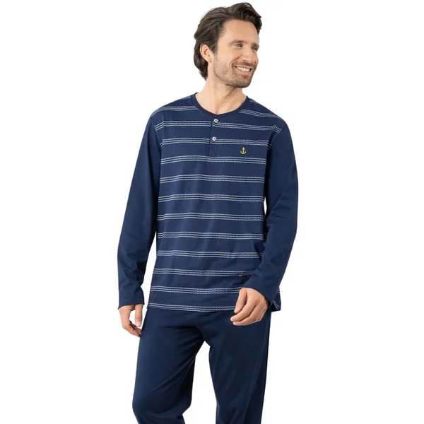 Pyjama long col ouvert homme Nautique Eminence bleu en coton Eminence