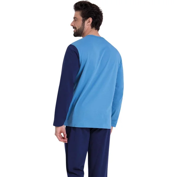 Pyjama long col rond homme Ecopack Athena bleu en coton Athéna