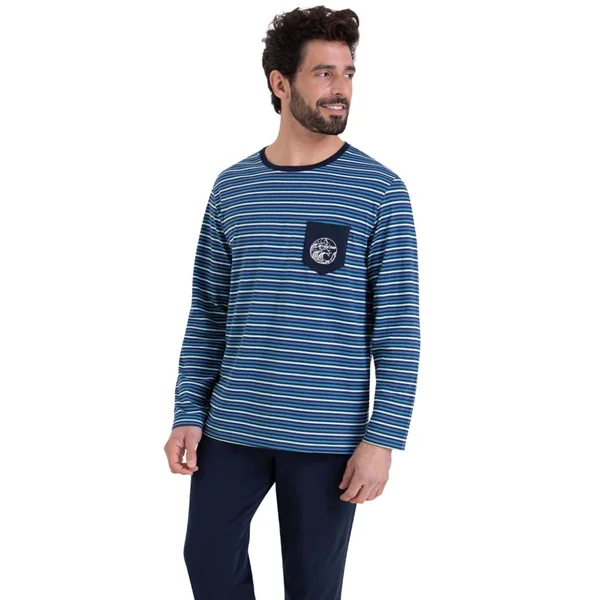 Pyjama long col rond Rayures Waves Athena bleu en coton Athéna