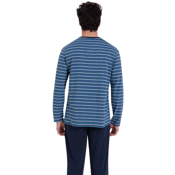 Pyjama long col rond Rayures Waves Athena bleu en coton Athéna