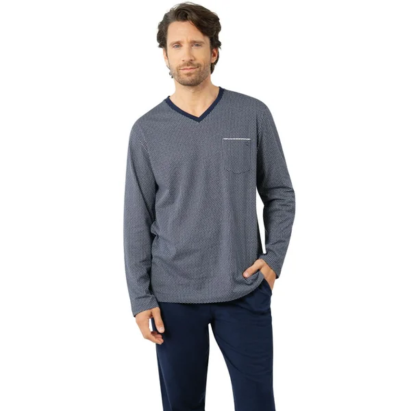 Pyjama long col V homme Business Eminence bleu en coton Eminence