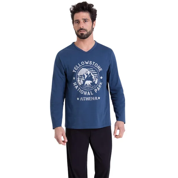 Pyjama long col V homme Ecopack Athena multicolore en coton Athéna