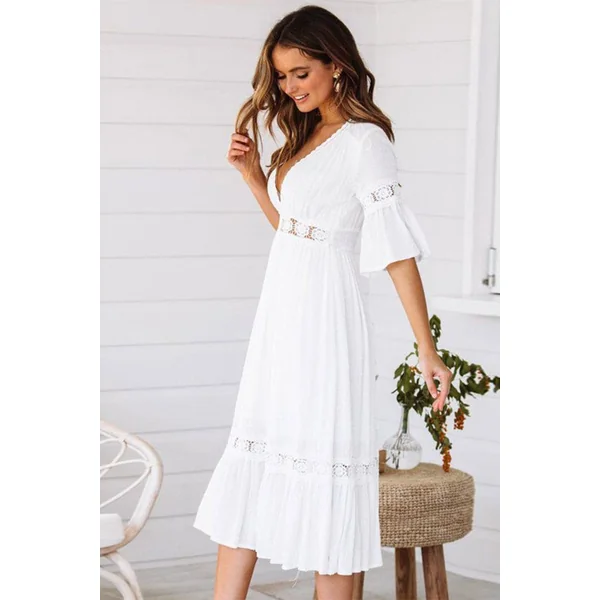 Robe Blanche Bohème Mi Longue – Azélie