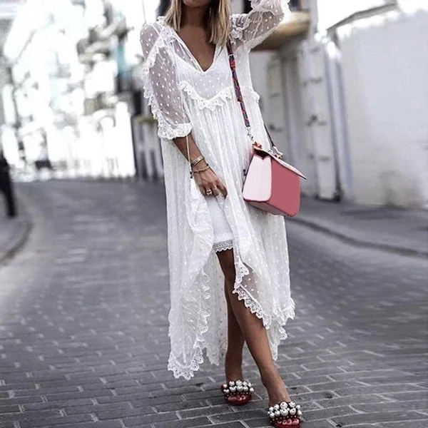Robe Bohème Dentelle Blanche Manche Longue
