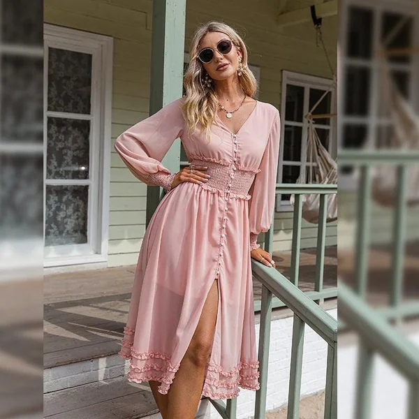 Robe Bohème Rose Avec Manches