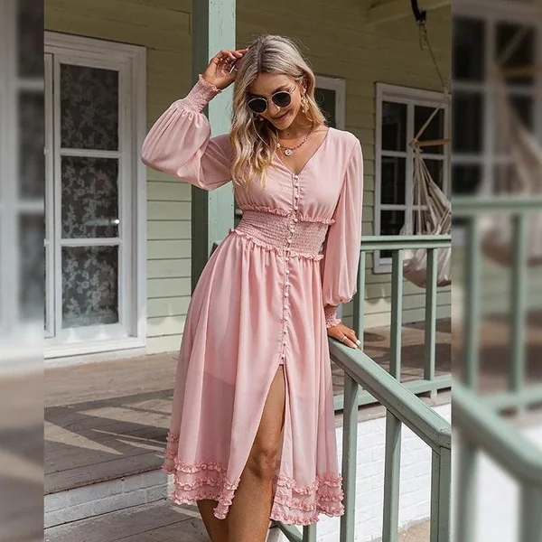 Robe Bohème Rose Avec Manches
