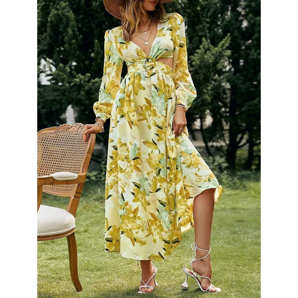 Robe Bohème Verte À Manches Bouffantes
