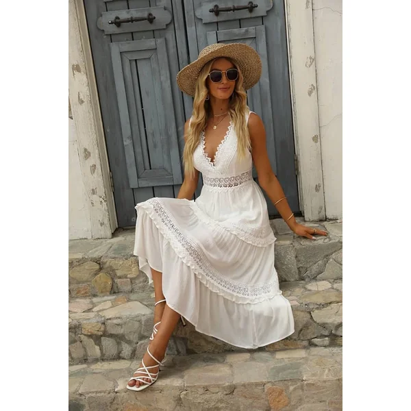 Robe Cocktail Blanche Longue Bohème Champêtre
