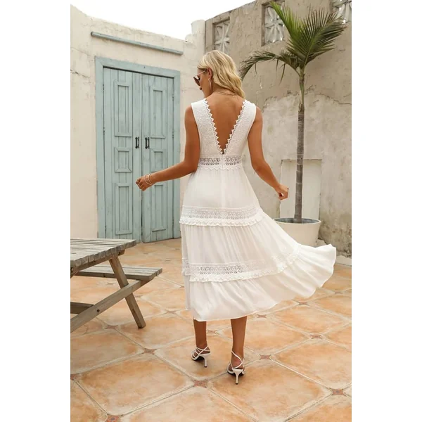 Robe Cocktail Blanche Longue Bohème Champêtre