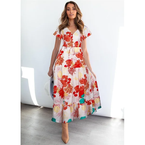 Robe De Bohème À Fleurs Rouges Et Blanches