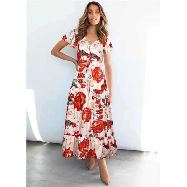Robe De Bohème À Fleurs Rouges Et Blanches