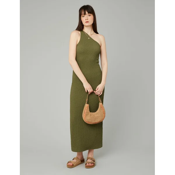 Robe longue asymétrique maille texturée Vert Kaki