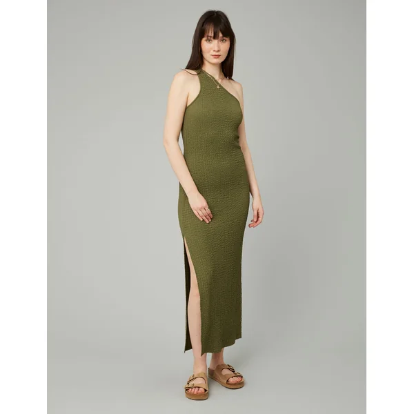 Robe longue asymétrique maille texturée Vert Kaki
