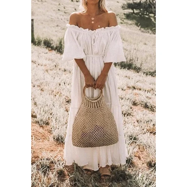 Robe Longue Blanche Épaules Dénudées Bohème