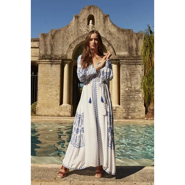 Robe Longue Bohème Bleue et Blanche – Célian
