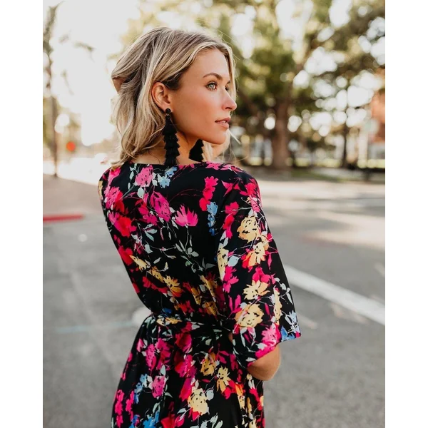 Robe Longue Bohème Noire Fleurie
