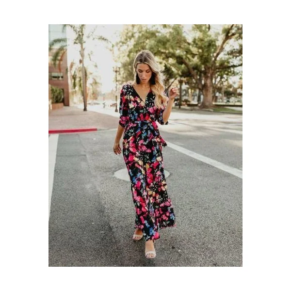 Robe Longue Bohème Noire Fleurie