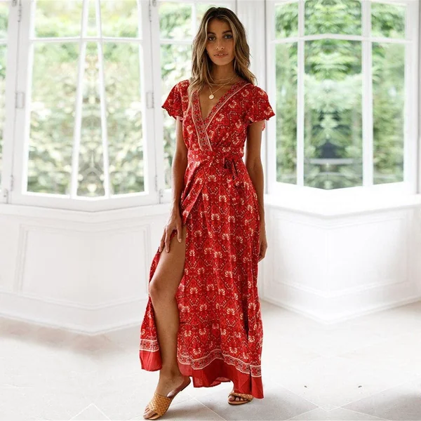 Robe longue bohémienne rouge