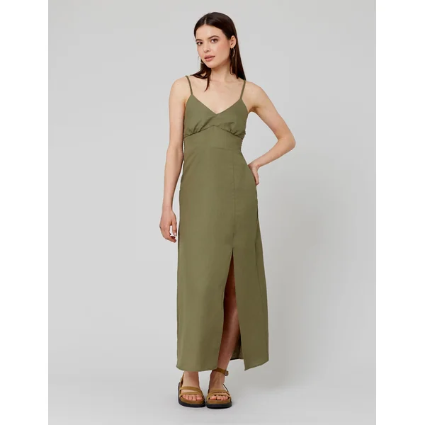 Robe longue unie en lin Vert Kaki
