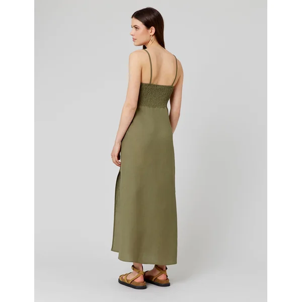 Robe longue unie en lin Vert Kaki