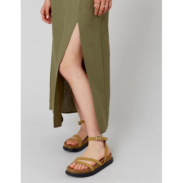 Robe longue unie en lin Vert Kaki
