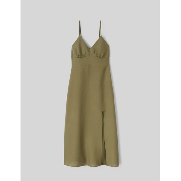 Robe longue unie en lin Vert Kaki