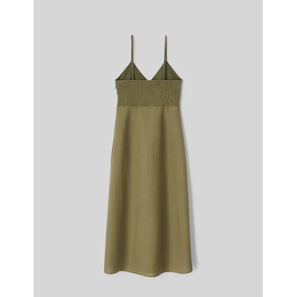 Robe longue unie en lin Vert Kaki