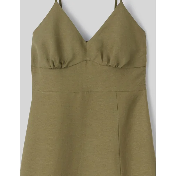 Robe longue unie en lin Vert Kaki